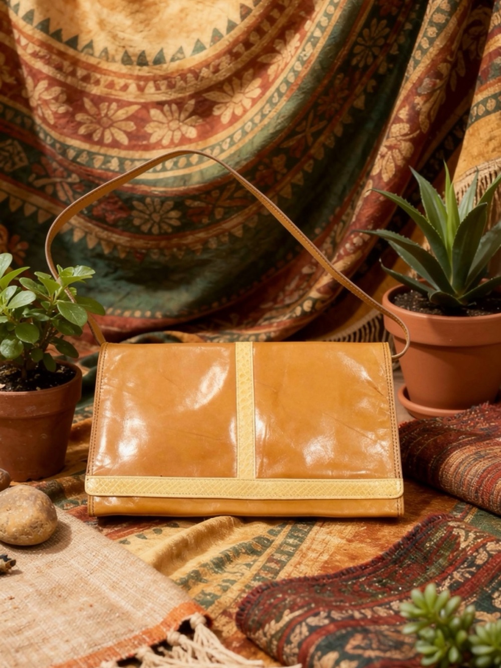 1970’s Vintage Leather Purse Burdines Brown Tan Shoulder Bag Exotic Snake Skin